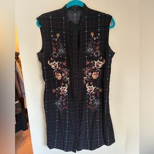 All Saints Silk sleeveless Black Midi Dress with check & floral placement print